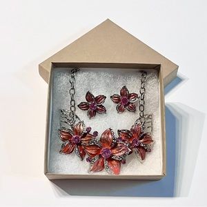 Silver and Pink Flower Rhinestone Statement Necklace and Matching Earrings Set